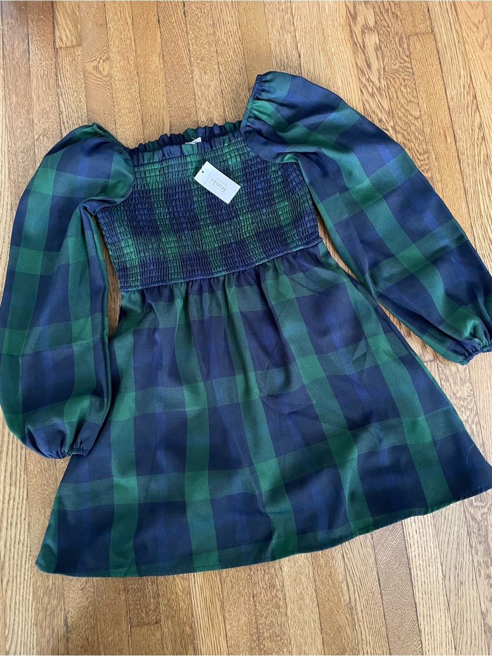 NWT Franki plaid peasant dress size 7 green navy long sleeve